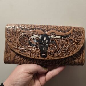 Brown Tooled Leather Wallet with Bull Design